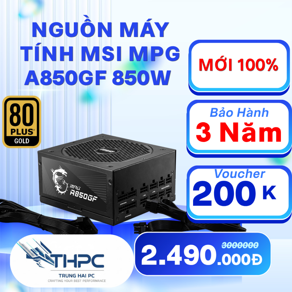 Nguồn máy tính MSI MPG A850GF 850W (80 Plus Gold/Full Modular/Màu Đen) - NEW bảo hành 36 tháng
