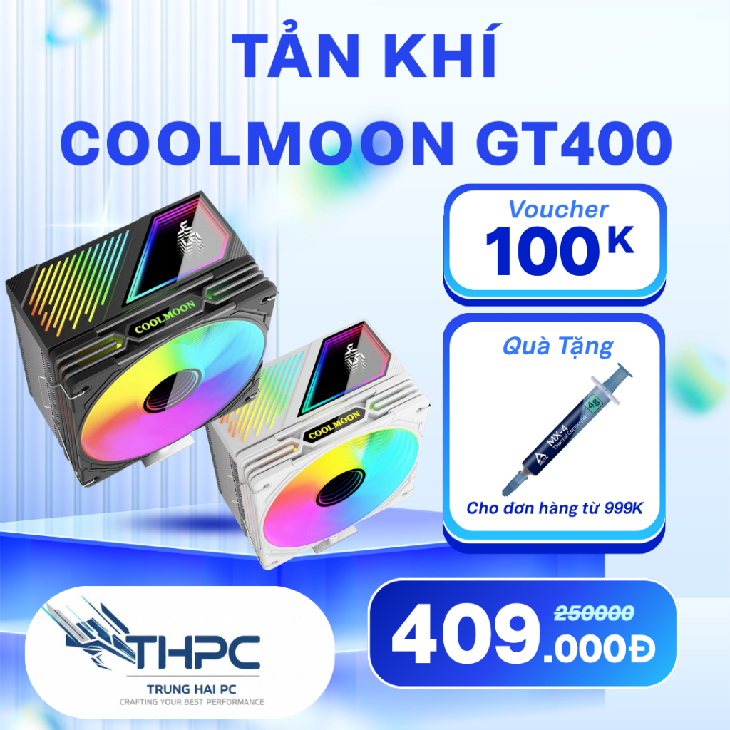 Tản nhiệt khí Tháp Coolmoon GT400 ARGB – 4 ống đồng – Tản tháp CPU Intel LGA1700/AM4/AM5 – Mát, êm
