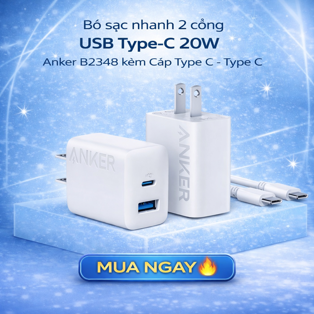 Bộ sạc nhanh 2 cổng USB Type-C 20W Anker B2348 kèm Cáp Type C - Type C