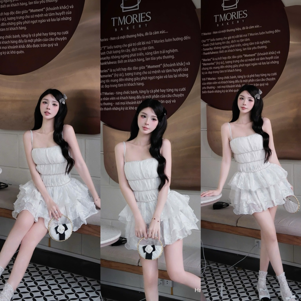 HT V136 Váy voan tầng dáng ngắn form ôm body nữ tính phối bèo nhún cao cấp phong cách bánh bèo dễ th