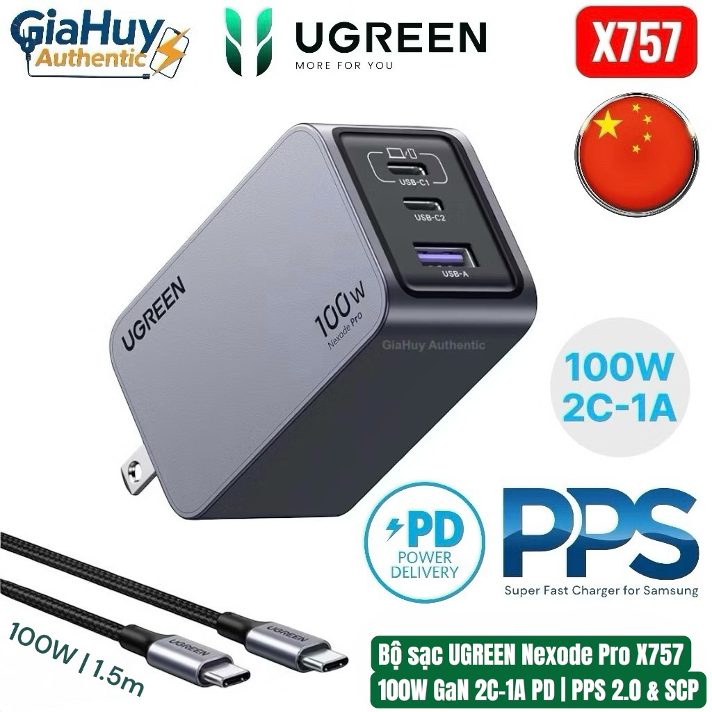 Củ sạc nhanh UGREEN Nexode Pro X757 100W 2C-1A PD | UFCS | PPS 2.0 & SCP tặng kèm Cáp Type-C 100W dà