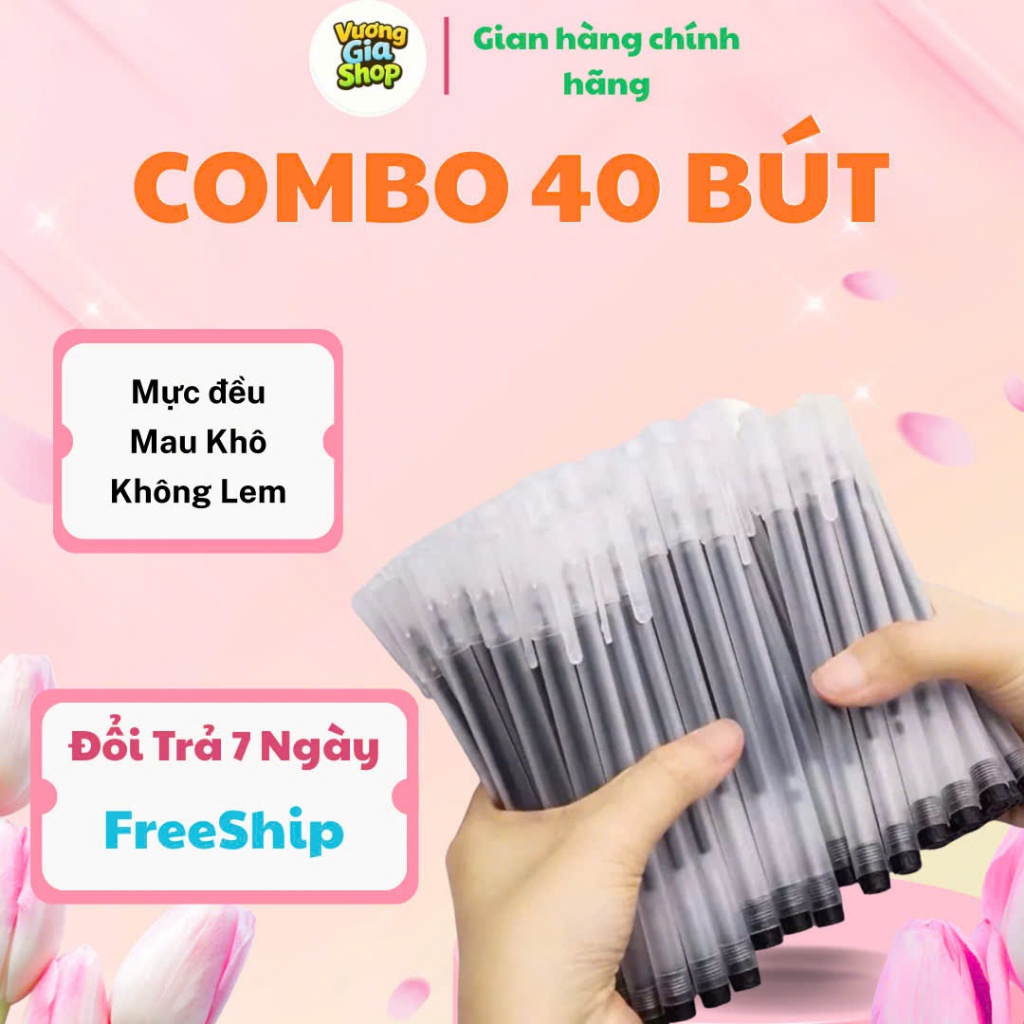 (Tặng 50 Ngoi) 40 Bút Gel Bút Bi Nước Mực Đen Xanh Đỏ Khô Nhanh Ngòi 0.5mm, Mực Đều, Chữ Đẹp Chép Ki