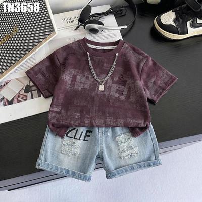 Bộ Quần Áo Bé Trai Áo Thun Quần Short Jean Rách Phong Cách Streetwear MINTSCLOSET Quảng Châu TN3658