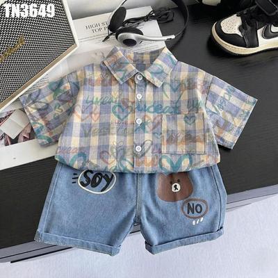 Set Bộ Công Tử Bé Trai Áo Sơ Mi Caro Graffiti Phối Quần Jean Gấu Nâu MINTSCLOSET Quảng Châu - TN3649