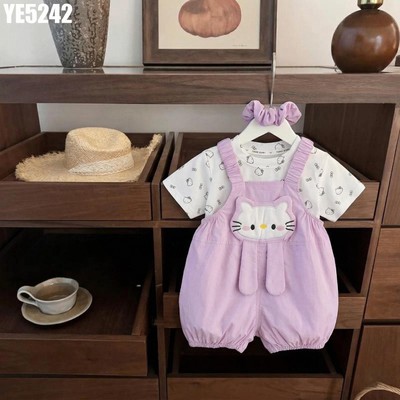 Set Áo Thun Tay Ngắn Họa Tiết Mèo Yếm Quần Hồng Cho Bé Gái 1-5 Tuổi MINTSCLOSET Quảng Châu - YE5242
