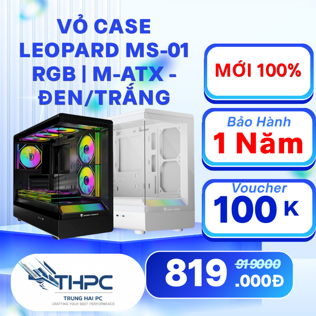 Case máy tính Leopard MS-01 RGB Đen Trắng – vỏ PC gaming, LED RGB, mATX, Bảo hành 12 tháng