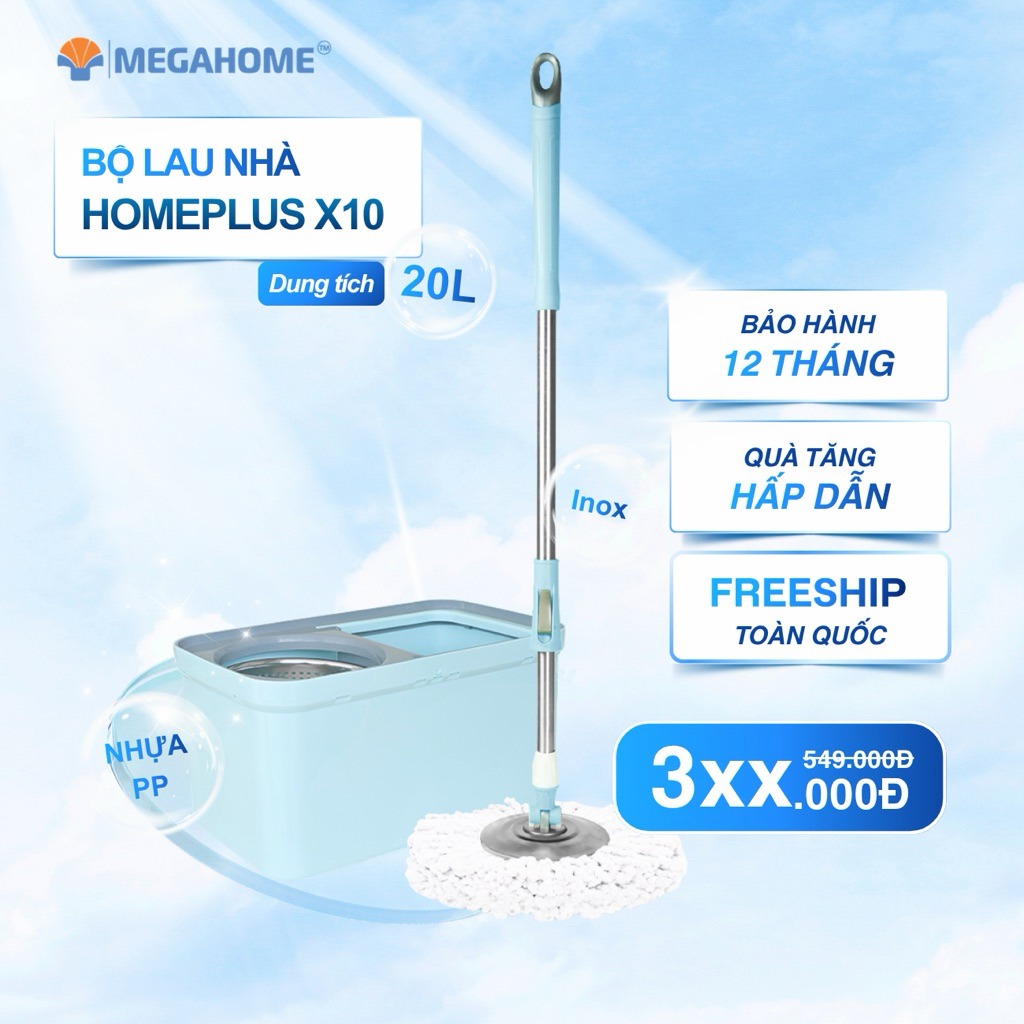 [Tặng 1 bông] Bộ lau nhà Homeplus X10 Megahome dung tích 20l, lồng vắt inox, mâm inox, xoay 360 độ