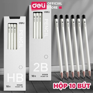 Hộp 10 Bút Chì 2B Cao Cấp Lục Giác Deli HC809-2B Chính Hãng - Màu Trắng - Chì Đậm - Lõi Chì Mịn Dễ Cầm Nắm