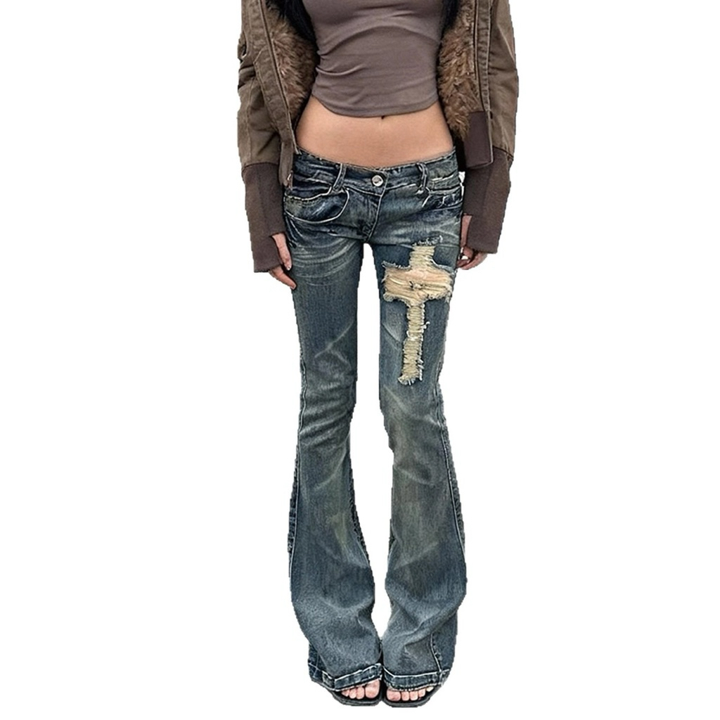 QUẦN JEANS NỮ ỐNG LOE CẠP TRỄ ĐẮP CHỮ THẬP PHONG CÁCH Y2K - Spikyyy.store