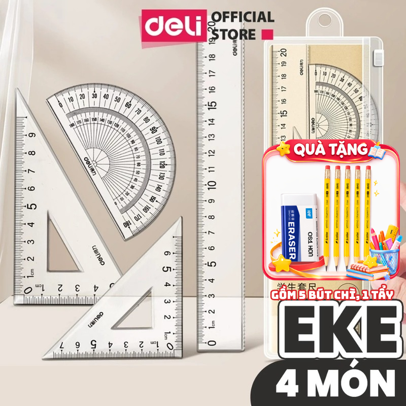 [TẶNG QUÀ 25.03] Bộ 4 dụng cụ eke học sinh Deli - 1 bộ eke thước kẻ đo góc tam giác vuông - 71988