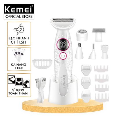Máy tẩy lông đa năng 11in1 Kemei KM-7101 gồm đầu thay thế chuyên dụng cạo lông, sử dụng toàn thân - Chính hãng