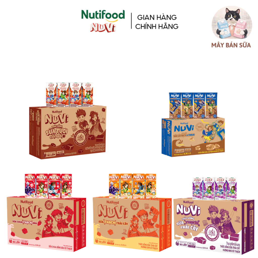 Hộp Sữa Có Thạch NuVi Vị Cam/Dâu/Nho/Đường đen/Cacao thùng 48 hộp x 170ml