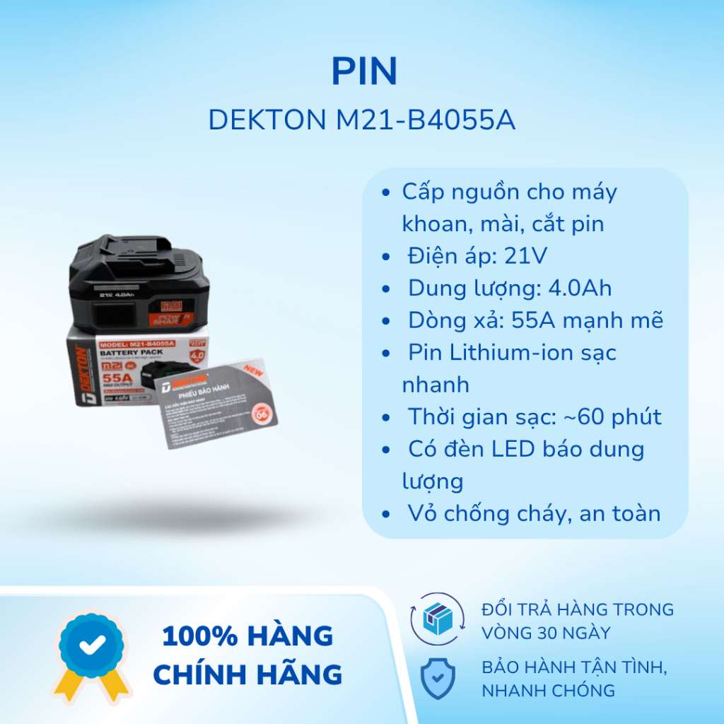 Pin Dekton 21V 4.0Ah M21-B4055A (xanh, xám) 55A