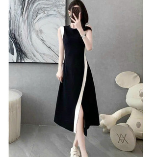 Đầm thời trang nữ đi chơi chất thun gân cổ tròn không tay dáng váy xẻ tà phối viền trắng dài maxi trẻ trung