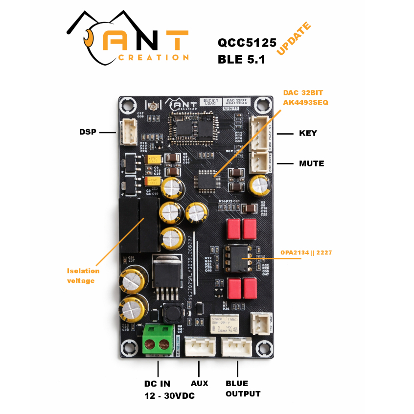 ANT DIY - Mạch Bluetooth 5.1 QCC5125 LDAC + DAC 32 BIT AK4493SEG + OPA2134P/ OPA2227P(Hỗ trợ đổi tên