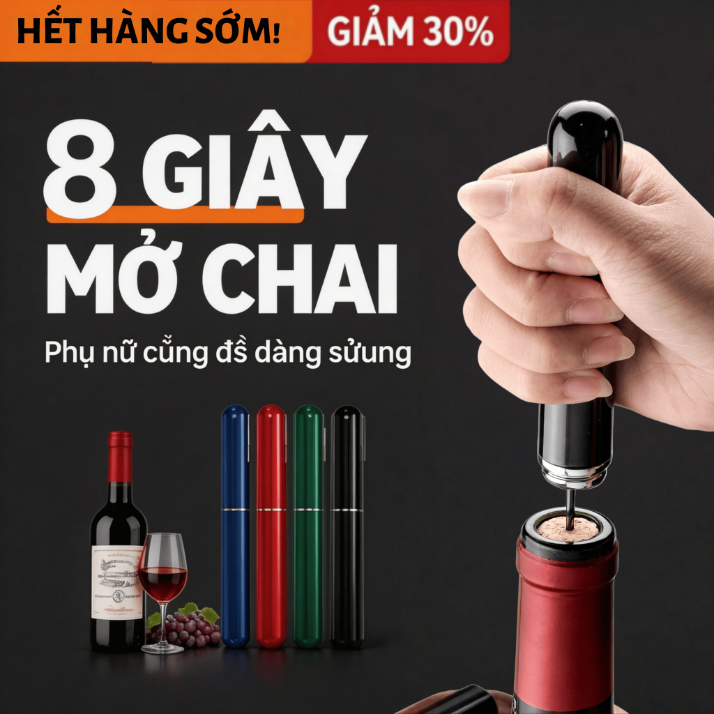 Dụng cụ mở nắp chai rượu vang Đỏ – Thép không gỉ, Máy bơm áp suất không khí, Mở nhanh 7S, Dụng cụ nhà bếp