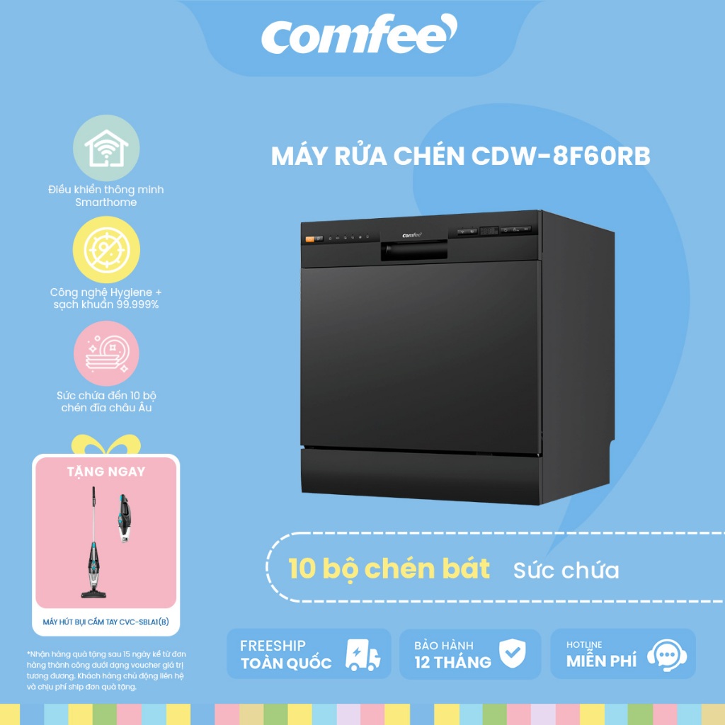 [Freeship + Lắp đặt] Máy rửa chén thông minh COMFEE​ CDW-8F60RB -10 bộ, 6 chế độ, BH 24 tháng