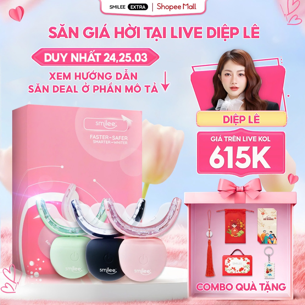 [GIÁ 615K LIVE DIỆP LÊ] Bộ Kit Trắng Răng Smilee Extra, Làm Trắng Răng Bật 2-6 Tone Tại Nhà Phiên Bản Mới,KOL
