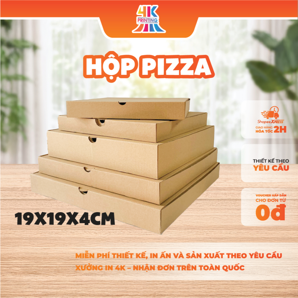[ COMBO 5 ] 19x19x4 Hộp cotton đựng Pizza, Hộp giấy Pizza 4KPRINT, chất liệu cứng cáp, an toàn vệ si