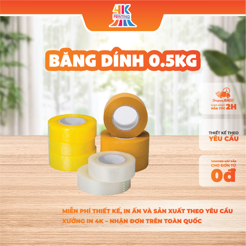 Băng dính 0.5kg trắng trong, đục và vàng lõi mỏng chất lượng_4KPRINT