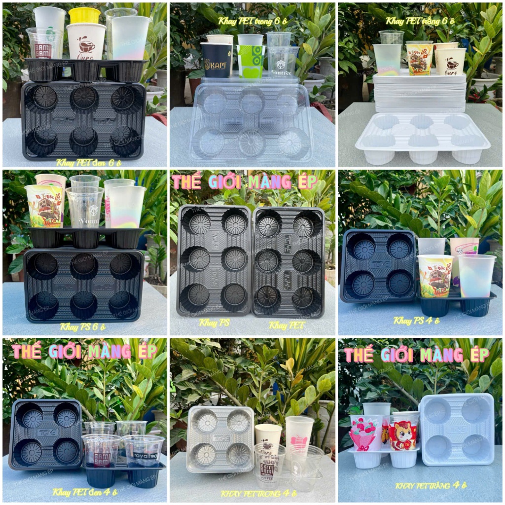 100 Khay TO Đựng Ly PP Đáy Bầu / Ly Tim Lùn 360–700ml – Khay 6 Ly Trà Sữa, Cà Phê Mang Đi Siêu Cứng