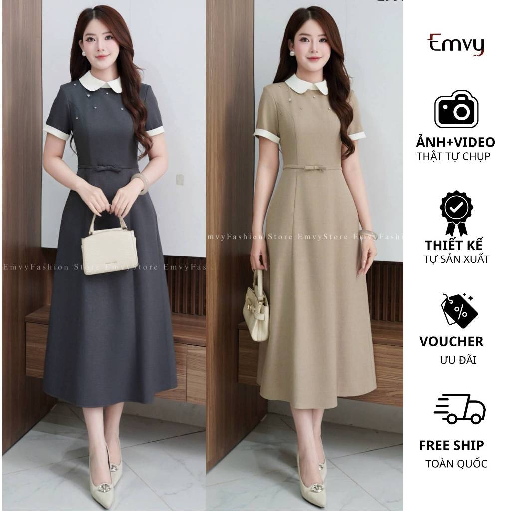 Váy thiết cố phối cổ sen thanh lịch, Đầm công sở dáng dài chất xước hàn đính đá sang trọng Emvy Fash