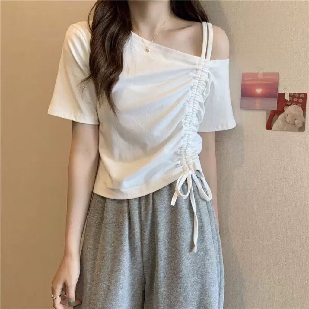 Áo kiểu nữ tay ngắn lệch vai dây rút eo - bán lẻ chân váy A217 | BigBuy360 - bigbuy360.vn