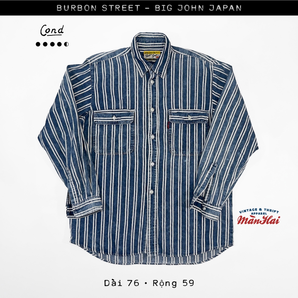 áo sơ mi denim sọc dọc bourbon street big john japan form rộng workwear vintage xanh đậm