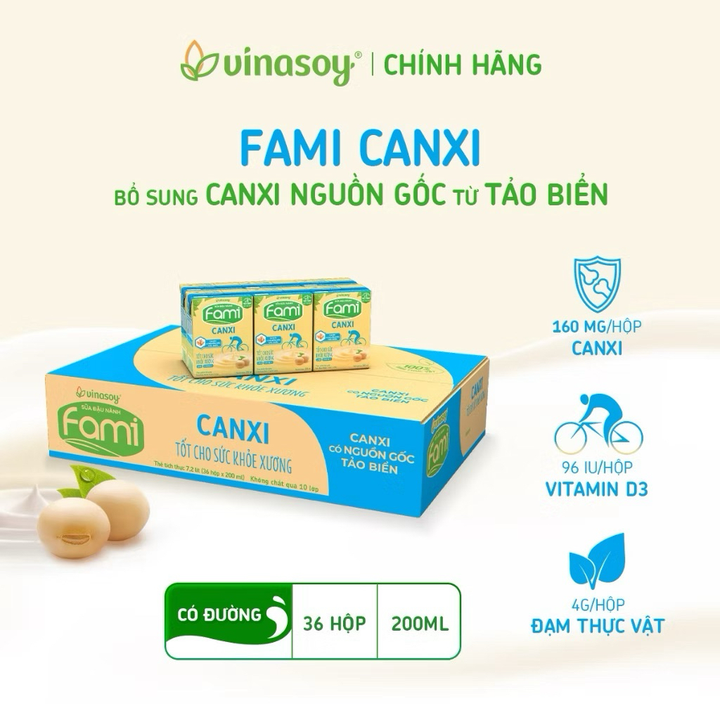 Thùng sữa đậu nành Fami Canxi có đường - ít đường ( 36 Hộp x200ml )