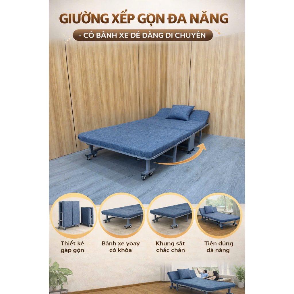 Giường ngủ gấp gọn 4 khúc KaQi có nệm cho nhân viên văn phòng, sinh viên, nhà nhỏ. Hàng Việt Nam