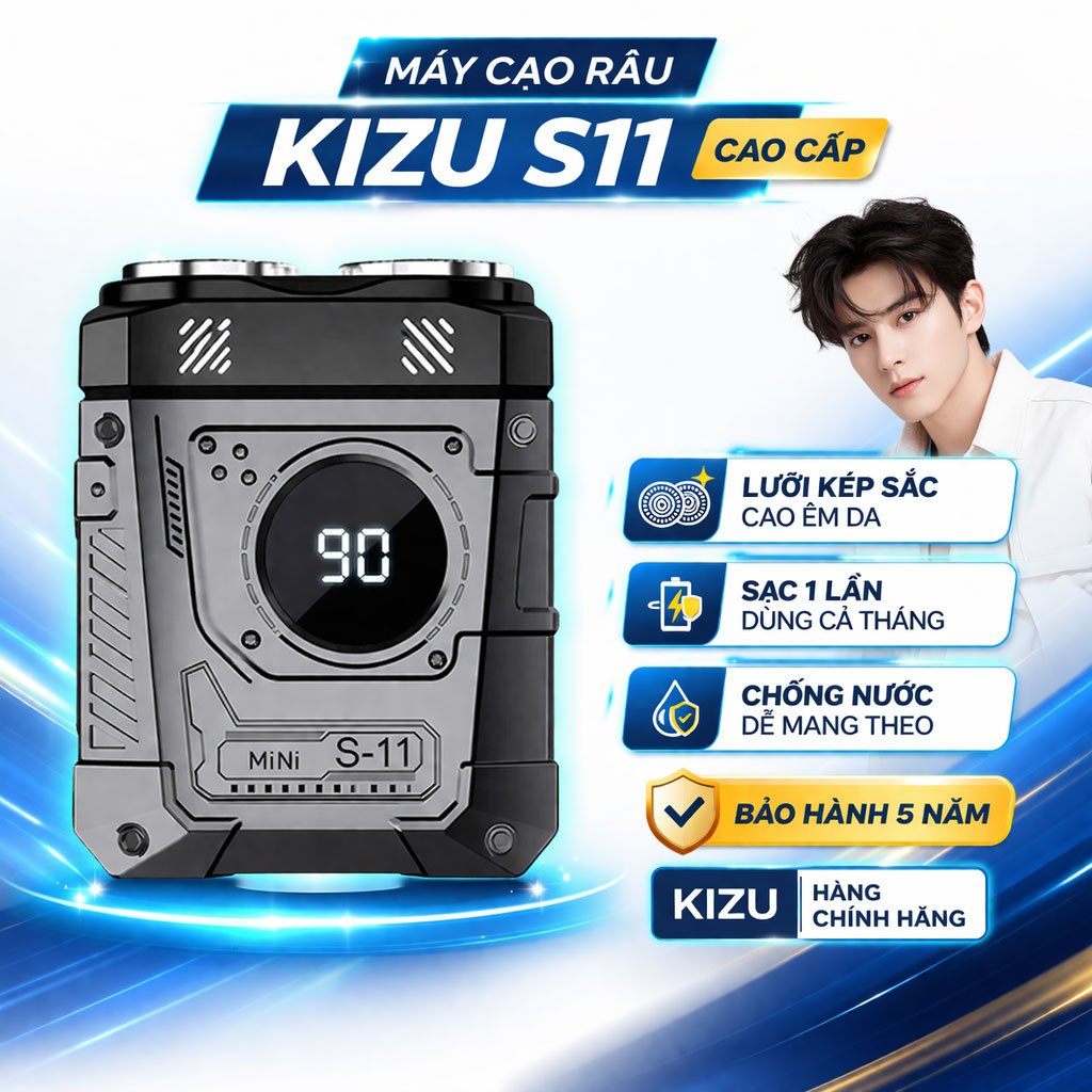 Máy Cạo Râu Cao Cấp Chính Hãng KIZU S11 Công Nghệ Nhật, Pin Siêu Khỏe, Lưỡi Kép Sắc Bén, An Toàn