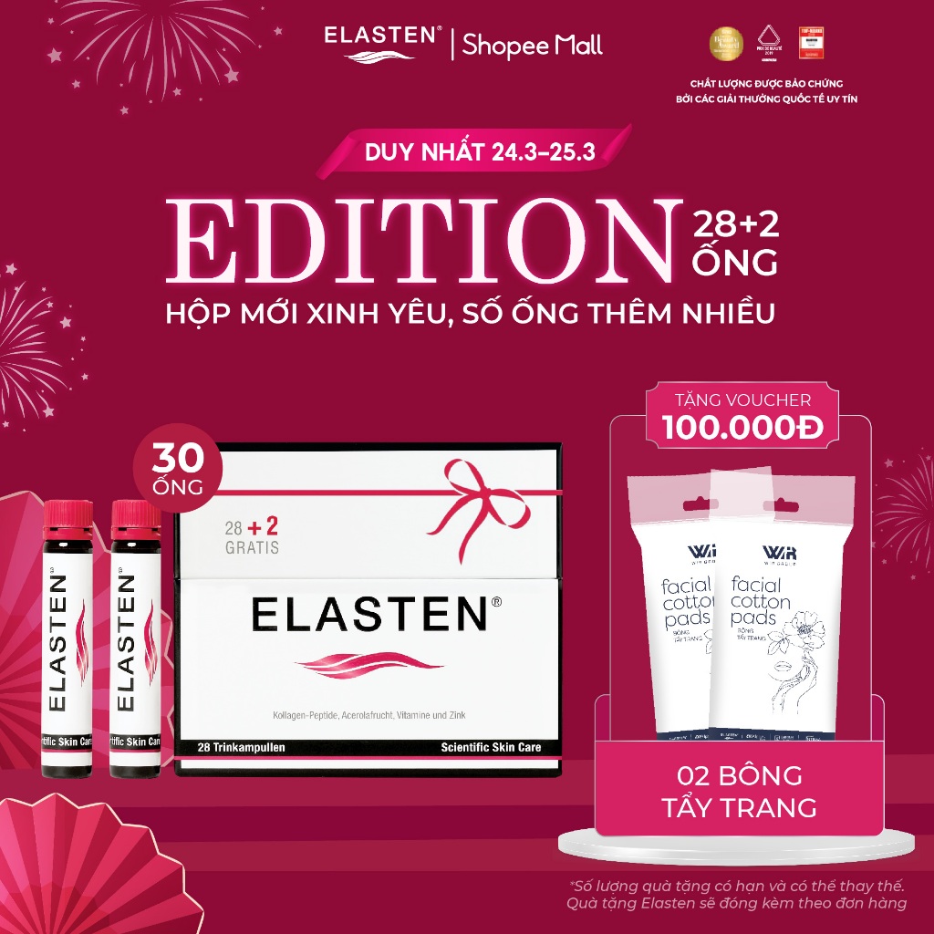 Hộp 30 ống Collagen Elasten Giúp Da Căng Mịn, Chống Lão Hóa, Tóc Chắc Khỏe Ốngx25ml