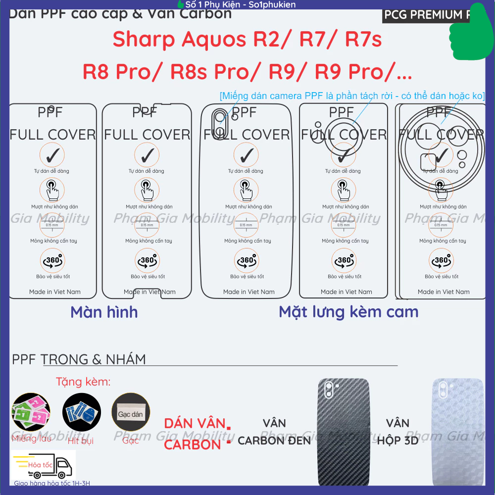 Dán PPF & Skin Carbon dành cho Sharp Aquos R9 Pro R9Pro/ R8 R8s Pro/ R7 R7s/ R2 loại trong, nhám cho