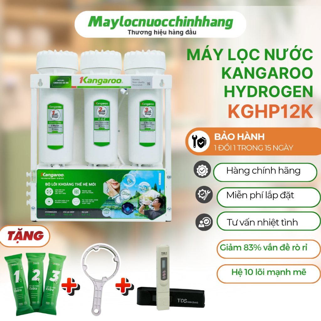 Máy lọc nước Kangaroo Hydrogen KGHP12K hệ 12 lõi mạnh mẽ 1 vòi 2 chế độ nước RO và nước Hydrogen