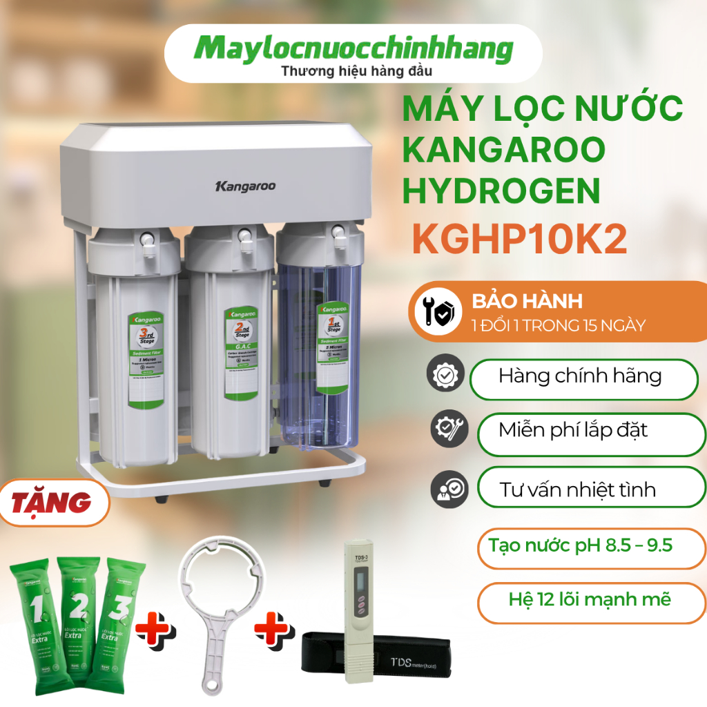 Máy lọc nước Kangaroo Hydrogen KGHP10K2 màng RO Vortex giảm 75% nước thải, tăng 3 lần tuổi thọ