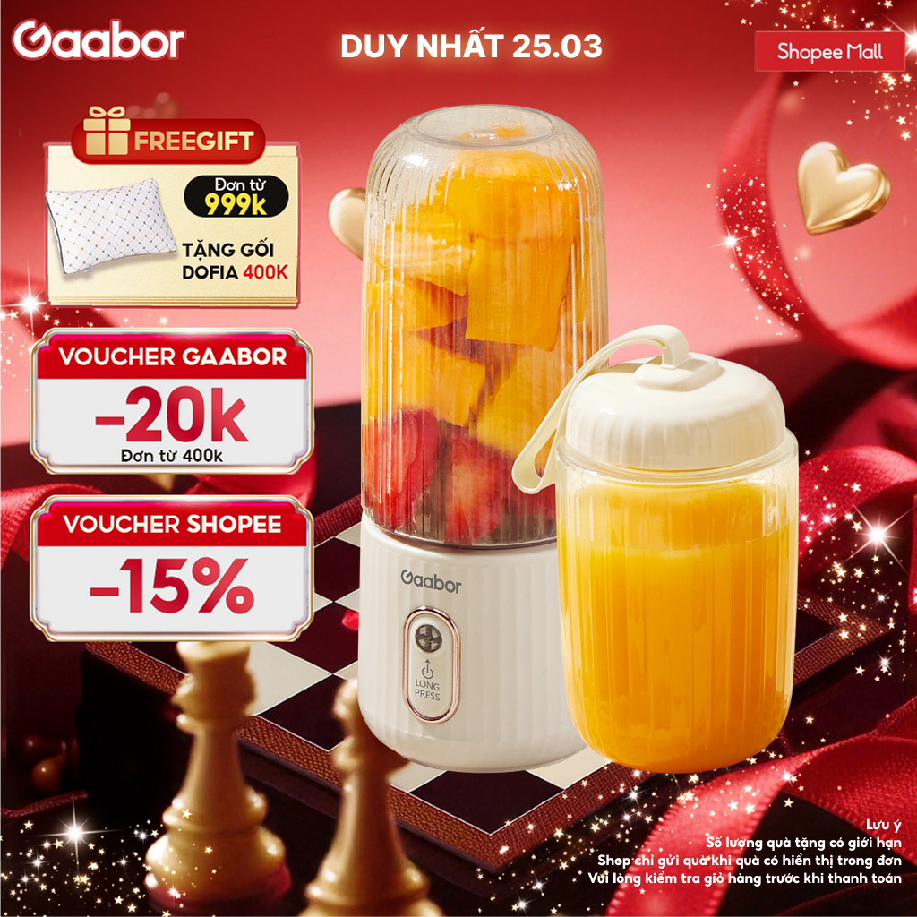 Cốc xay sinh tố cầm tay kèm ly đôi 350ml + 280ml pin sạc cổng USB nhỏ gọn Gaabor FP03T-WH01A