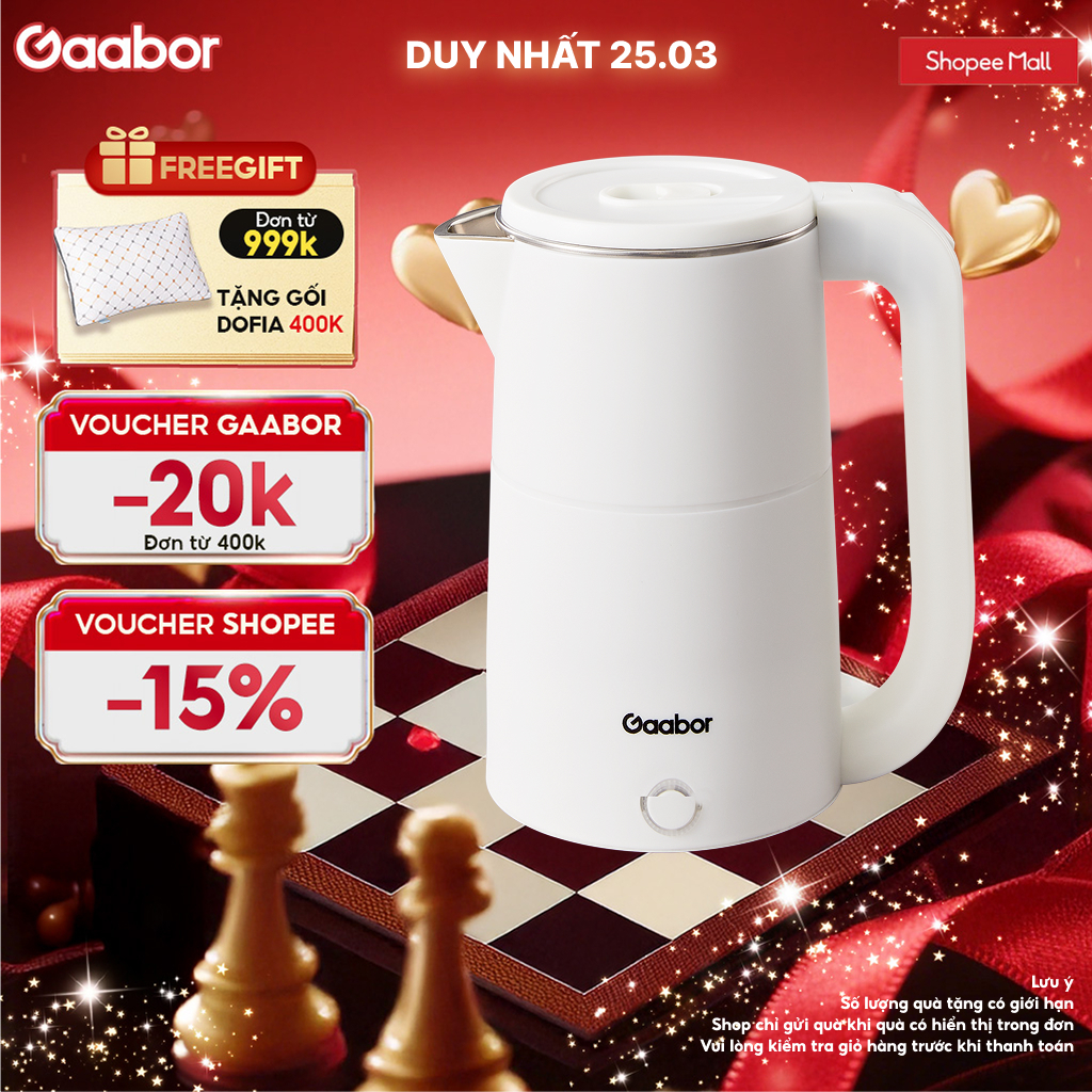 [Độc quyền Shopee] Ấm siêu tốc Gaabor EK20M-WH02A bình đun siêu tốc dung tích 2L công suất 1500W