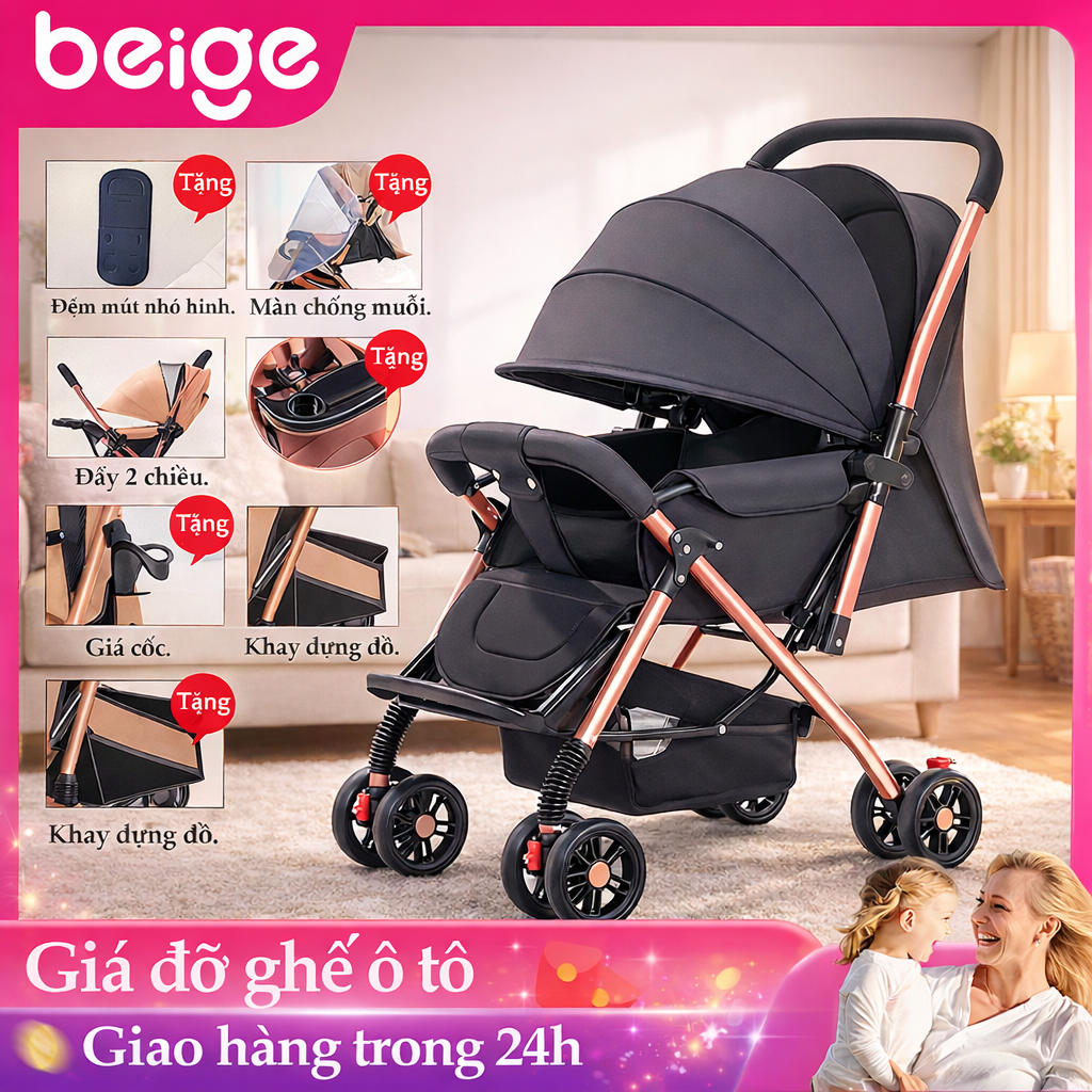 xe đẩy cho bé sơ sinh BEIGE, GHẾ ĐẨY 2 CHIỀU + KHAY ĂN SIÊU TO + GẤP GỌN 1 GIÂY