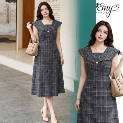 Đầm Thiết Kế EMY Thời Trang Cao Cấp EX9742 Vải Tweed Gân Sọc Xanh Đen Sang Trọng Thanh Lịch