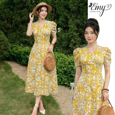 Đầm Hoa Mùa Hè EMY EM9740 - Chất Mango Họa Tiết Lá Vàng Thanh Lịch Sang Trọng
