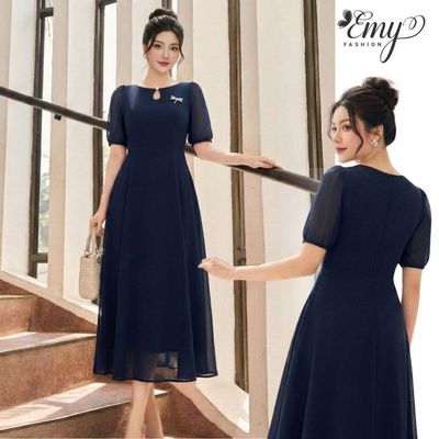 Đầm Thiết Kế Cao Cấp EMY EM2253 - Vải Chiffon Xanh Đen Sang Chảnh, Thanh Lịch Đi Tiệc