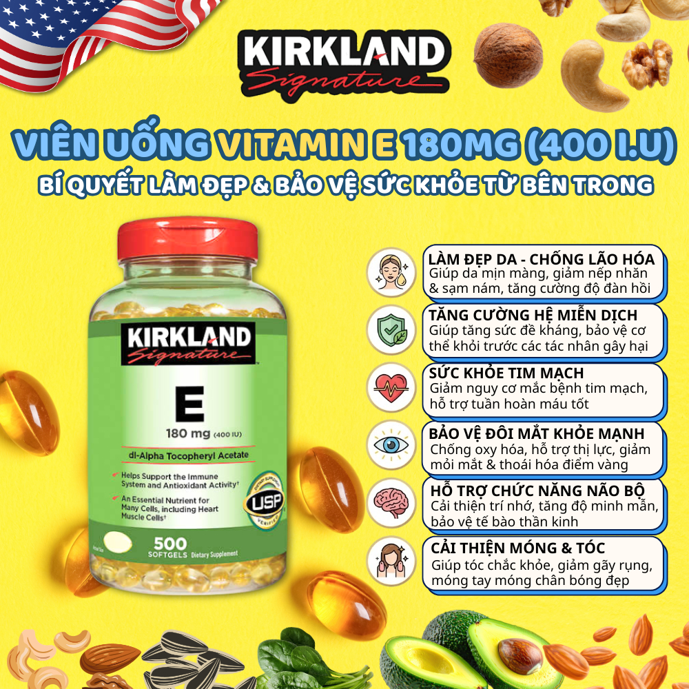 Viên uống hỗ trợ lão hóa, gốc tự do, nếp nhăn, mụn Kirkland Vitamin E 180mg (400IU) - Hộp 500 viên