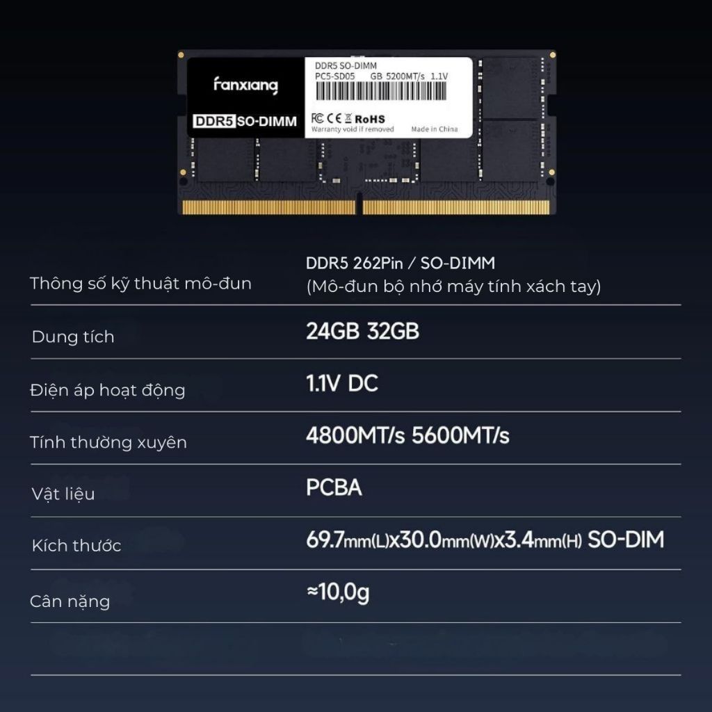 RAM Laptop DDR5 Fanxiang 32GB Bus 4800MHz / 5600MHz SODIMM Nhập Khẩu - Nâng Cấp Hiệu Năng Đỉnh Cao | BigBuy360 - bigbuy360.vn