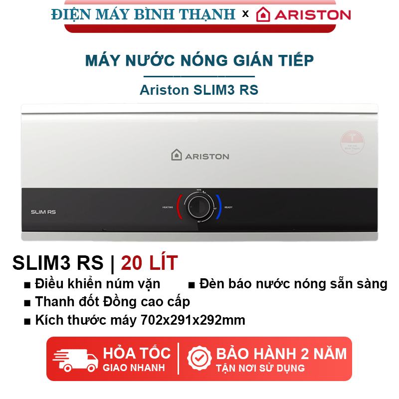 Máy nước nóng gián tiếp (bình ngang) Ariston SLIM3 RS - Dung tích 20L, 30L - Bảo hành 2 năm