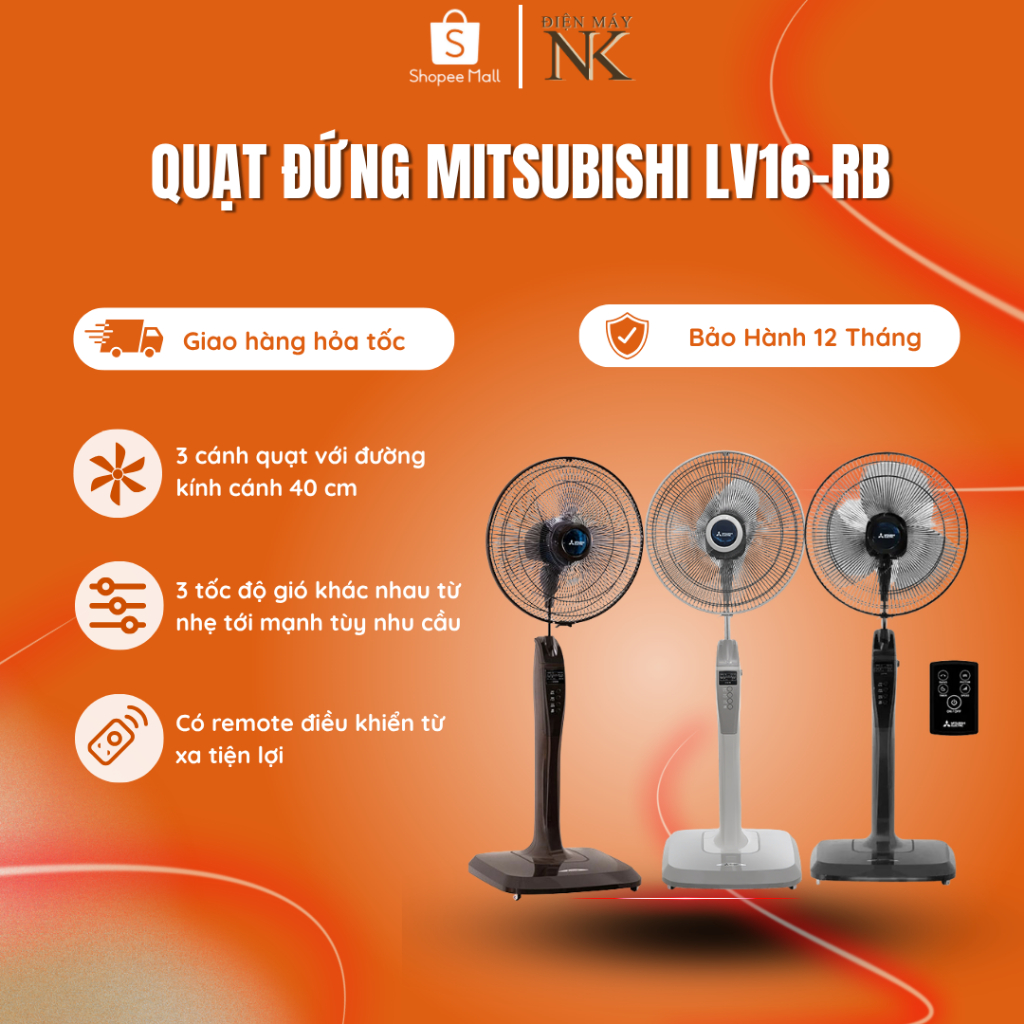 Quạt đứng 3 cánh Mitsubishi LV16-RB CY-GY Xám Đậm | SF-GY Xám Nhạt | CY-BW Nâu Đậm - Bảo Hành 12 Thá