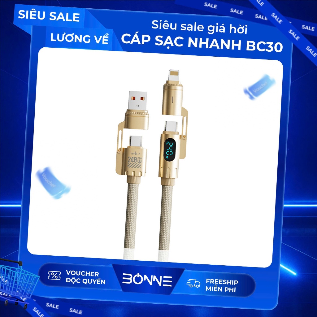 Cáp Sạc Nhanh BC30 ( Dài 2 Mét ) 4in1 Công Suất 240W Chính Hãng By Bonne TECHNOLOGIQUE Hỗ Trợ CarPla