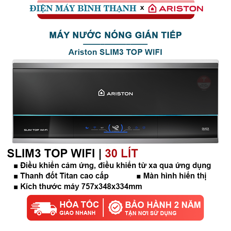 Máy nước nóng gián tiếp (bình ngang) Ariston SLIM3 TOP WIFI / LUX / RS / R - Dung tích 20L, 30L