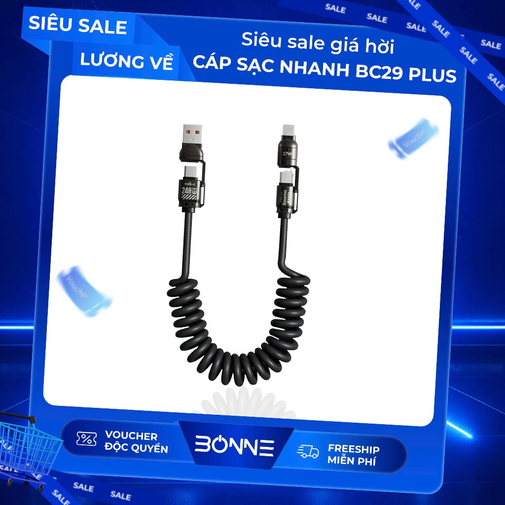 Cáp Sạc Lò Xo Đa Năng BC29 PLUS Sạc Nhanh 240W, Cáp Sạc Nhanh 4 IN 1 Chống Rối, Sạc Nhanh 240W