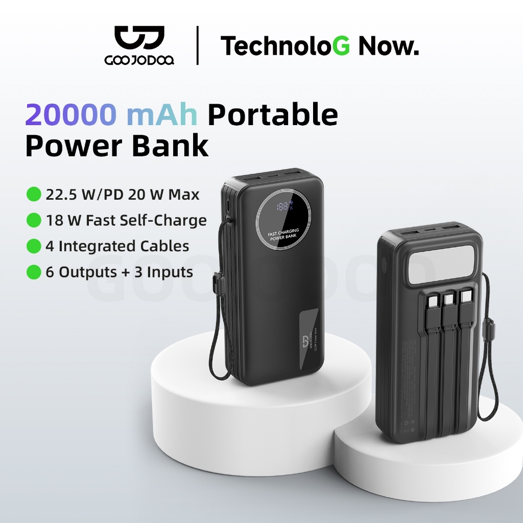 Sạc Dự Phòng 20000mAh GOOJODOQ 9 Cổng PD20W, 22.5W, Dây Cáp Tích Hợp, Màn Hình Số, Đèn Pin | BigBuy360 - bigbuy360.vn