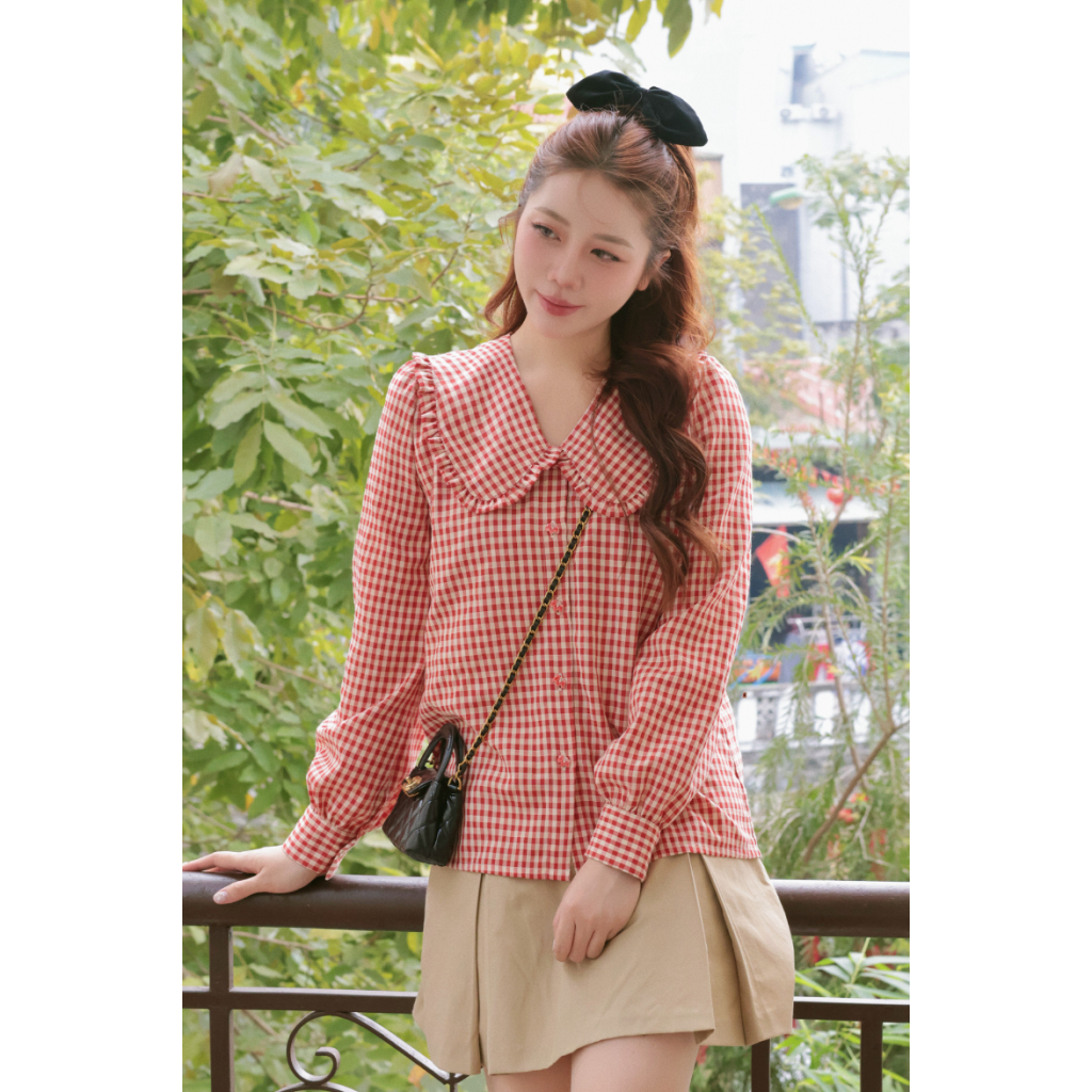 Áo Sơ Mi Nữ Kẻ Caro Dài Tay Màu Đỏ Cổ Viền Dịu Dàng Nữ Tính HAAN Design SM2635